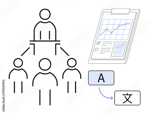 Team hierarchy diagram alongside a clipboard with performance charts and translation of letters between different languages. Ideal for management, data tracking, multilingual collaboration