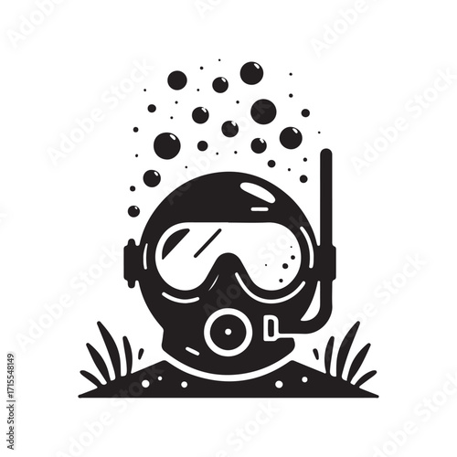 diving helmet on the ocean floor with bubbles vector silhouette outline logo design concept illustration