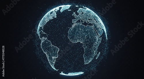 A glowing digital representation of planet Earth, composed of countless tiny blue particles and lines, set against a dark background.