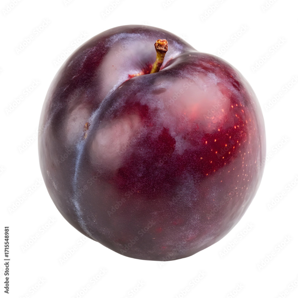 Obraz premium Single Ripe Plum with Stem on Black isolated on a transparent background fruit food