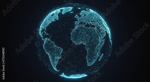 Digital globe with glowing continents, representing global technology and connectivity.