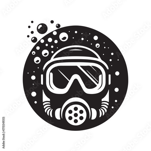 diving helmet on the ocean floor with bubbles vector silhouette outline logo design concept illustration
