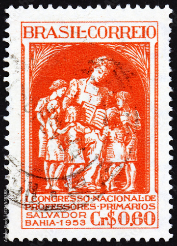 Postage stamp Brazil 1953 teacher and pupils