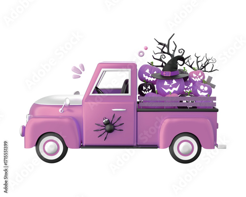 Halloween truck with pumpkins and spider, a festive holiday decoration, perfect for seasonal celebrations and spooky themes