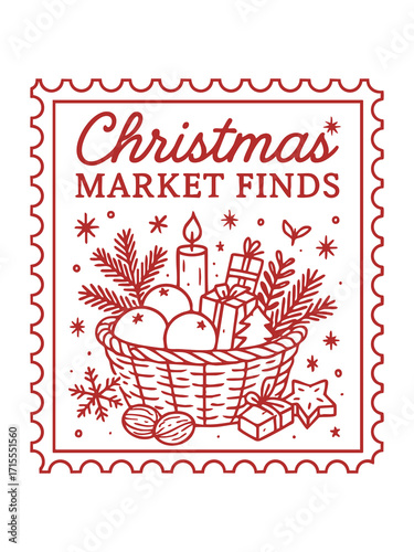 christmas stamp vector illustration of market finds basket filled with candle gifts ornaments nuts cookies and pine branches festive lettering