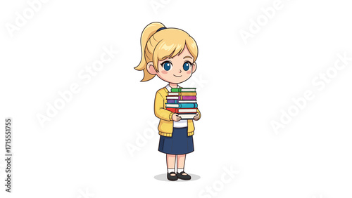 Cartoon Girl in Yellow Sweater Carrying Colorful Books, Ambitious Student Achieving Success in School Library