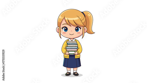Ambitious Cartoon Girl in Yellow Sweater Studying at Library with Colorful Books for Academic Success