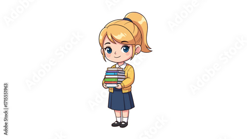 Cartoon Girl in Yellow Sweater Carrying Colorful Books, Ambitious Student Achieving Success in Learning at School Library