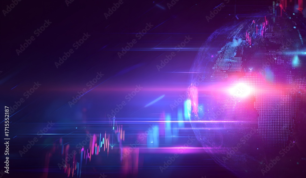 Fototapeta premium Futuristic digital earth with neon stock market graph, purple blue abstract finance data analysis visualization
