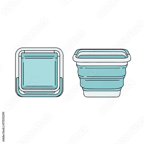 Graphic illustration of two collapsible silicone containers one square and one round in teal and white colors on a plain white background.