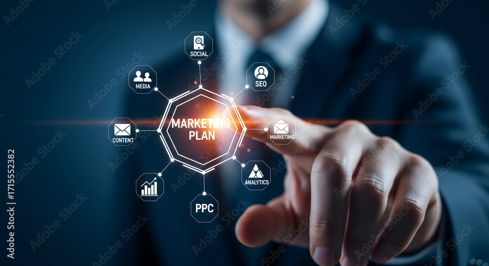 Fototapeta premium Man strategizes digital marketing plan with analytics, SEO, and PPC icons