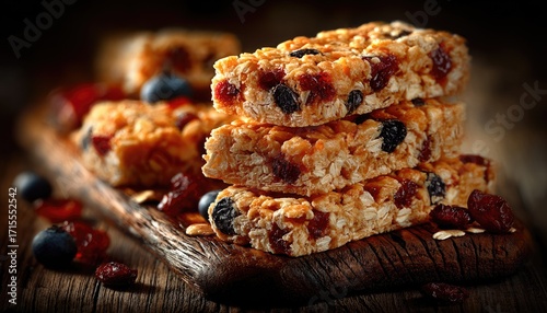 Stacked granola bars with dried fruit and berries