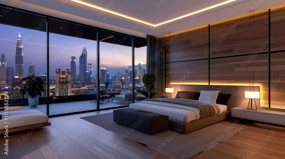 Naklejka premium Modern bedroom overlooking Kuala Lumpur skyline at sunset