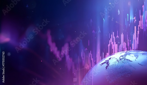 Futuristic digital earth with neon stock market graph, purple blue abstract finance data analysis visualization

