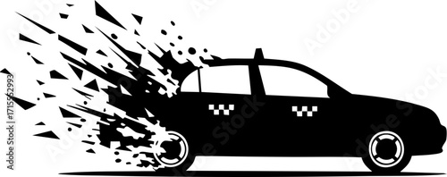 Dynamic black taxi dissolving into abstract geometric shapes symbolizing speed and movement