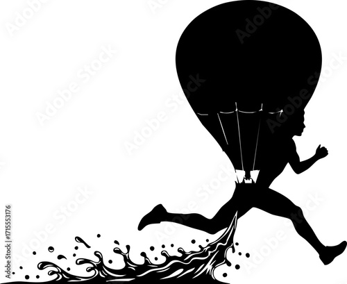 Dynamic person in silhouette leaping forward with balloon parachute and water splash effect