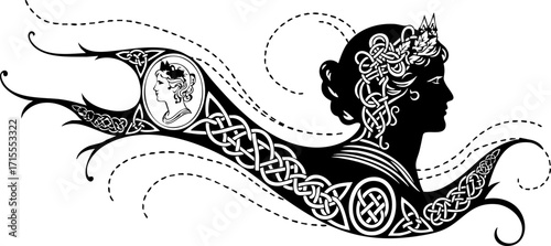 Elegant Celtic knotwork adorns regal profile with ancient cameo, evoking timeless beauty and heritage