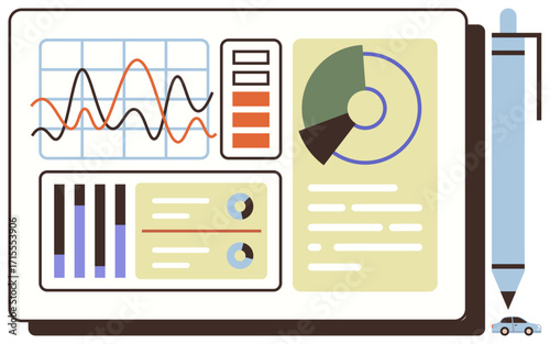 Dashboard showing line graphs, bar charts, pie charts, and detailed analytics reports laid on a notebook with a pen. Ideal for data visualization, business strategy, analytics, decision-making