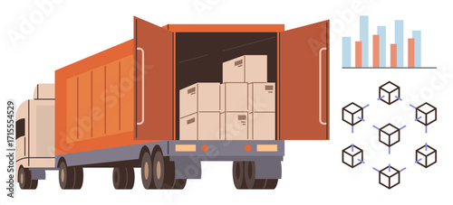 Open cargo truck loaded with boxes, bar chart analyzing logistics, and interconnected cube network representing distribution. Ideal for freight management, supply chain, delivery optimization