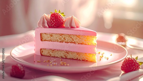 Slice of Pink Cake Topped with Raspberry on Pink Plate with Pink Background Still Life Photography