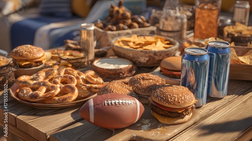 Assorted snacks and drinks set up on rustic outdoor table with football and burgers, perfect for tailgate party ads, game day food blogs