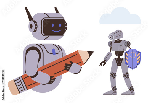 Two robots interacting one holds a pencil symbolizing creativity and innovation, the other carrying a shield for protection and security. Ideal for teamwork, creativity, innovation, protection