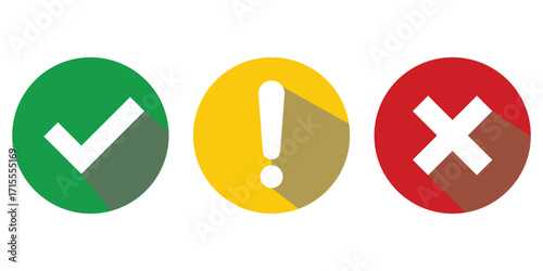 Set of flat round check mark, exclamation point, X mark icons, buttons isolated on a white background. EPS10 vector file