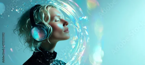 Fototapeta na wymiar Futuristic Woman Wearing Holographic Chameleon Wireless Headphones, Eyes Closed and Smiling, Surrounded by Sound Particles and Energy Ripples in Minimal White Space with Iridescent Reflections