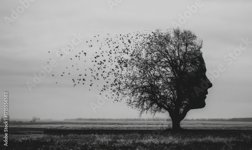 Silhouette tree-head, leaves and birds, fading