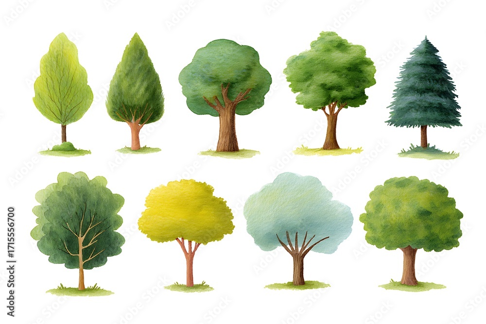 Fototapeta premium Set of different green trees isolated on white background.