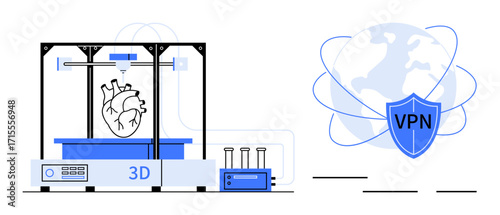 3D printer fabricating a human heart, test tubes beside it, shield labeled VPN over a globe. Ideal for innovation, technology, healthcare, privacy, security connectivity biotechnology. Simple flat