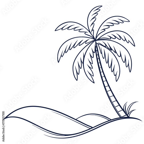 A minimalist line art illustration of a single palm tree leaning over rolling sand dunes with a few blades of grass