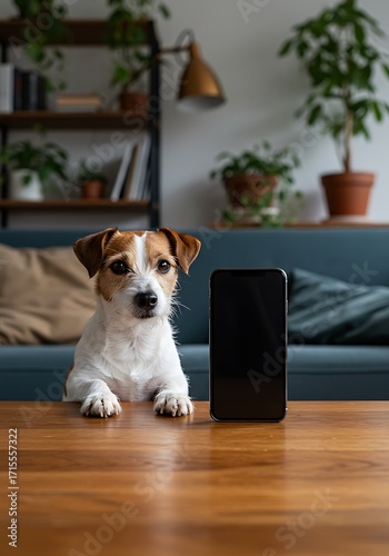 A curious Jack Russell terrier sitting next to a smartphone with a blank white screen in a cozy living room