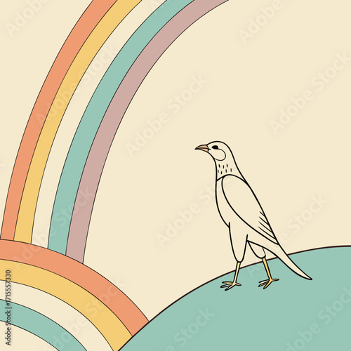 A solitary bird stands on a green hill beneath a pastel rainbow in a minimalist retro inspired illustration with a cream background