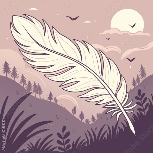 A single large cream colored feather floats gently against a soft purple landscape with rolling hills silhouetted trees and a large sun in the sky