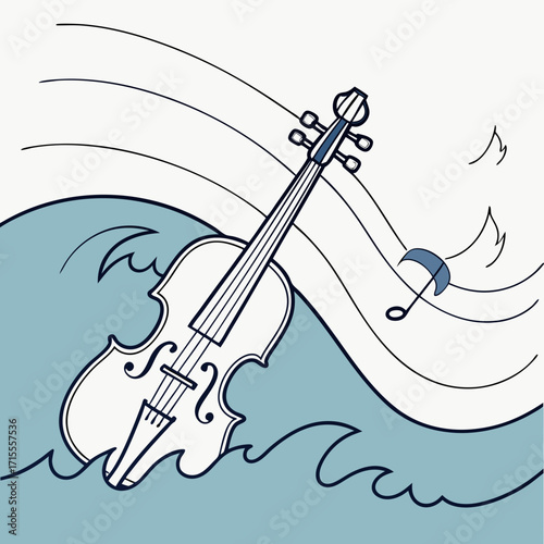 A stylized illustration of a violin emerging from blue ocean waves with musical notes flowing like wind across a pale background