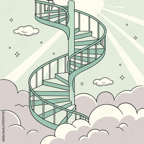 A whimsical spiral staircase ascends into a bright sky filled with stylized clouds and twinkling stars representing a journey towards dreams and aspirations