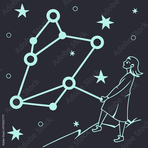 A young woman stands on a mountain peak reaching for a constellation in the starry night sky symbolizing dreams and aspirations