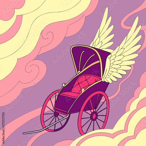 A whimsical purple carriage with golden trim and large feathered wings floats serenely through a dreamlike sky filled with swirling pastel clouds