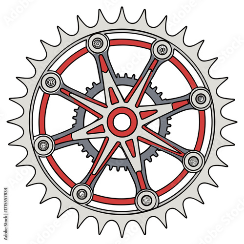 Close up illustration of a bicycle chainring with red accents and a smaller gear behind it on a white background