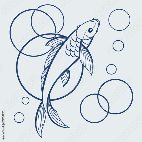 Elegant blue line art of a koi fish gracefully swimming amongst abstract circular shapes and bubbles against a neutral background