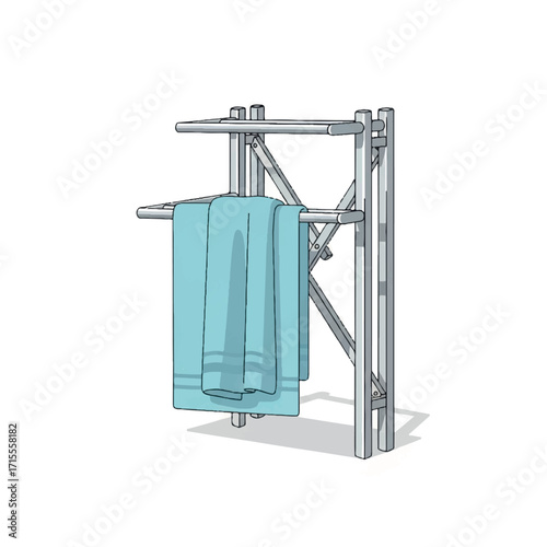 3D rendering of a metallic industrial drying rack with a blue towel hanging from it on a white background.