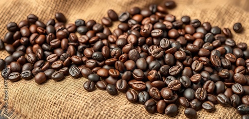 Dark roasted coffee beans scattered on burlap sack,  robusta,  agriculture