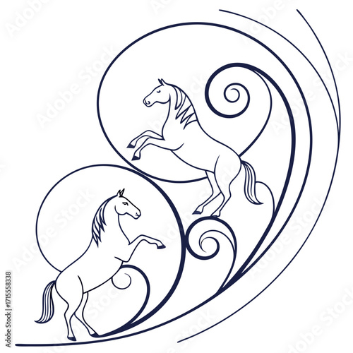 Elegant outline illustration of two majestic horses rearing up amidst swirling decorative lines and circular motifs creating a sense of dynamic movement and grace