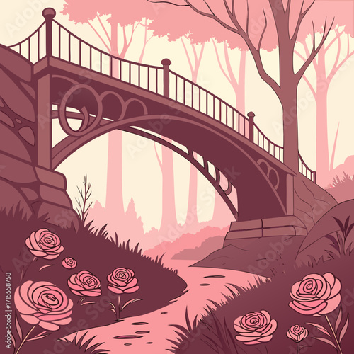 Enchanting stone bridge arches over a winding path adorned with blooming roses in a serene forest setting with soft pink hues
