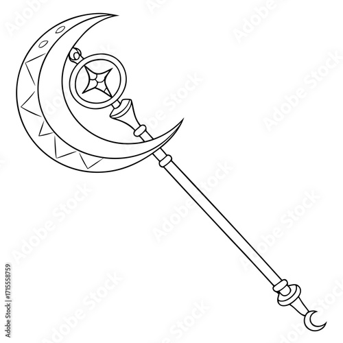 Fantasy weapon with a crescent moon blade and a star emblem at its center perfect for magical or mythical themes