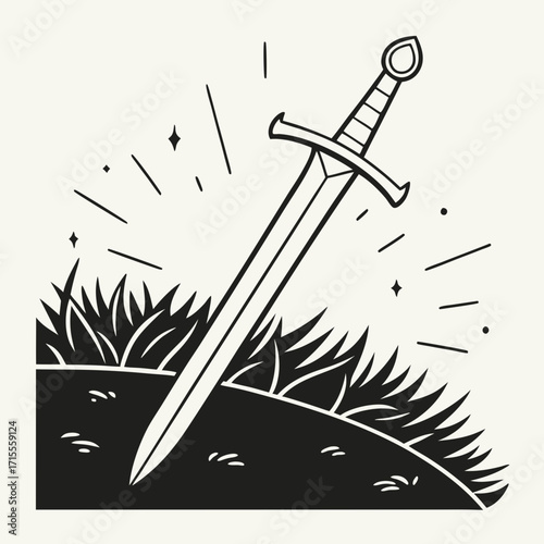 Iconic black and white illustration of a sword plunged into grassy ground with radiating light and sparkles symbolizing power and destiny
