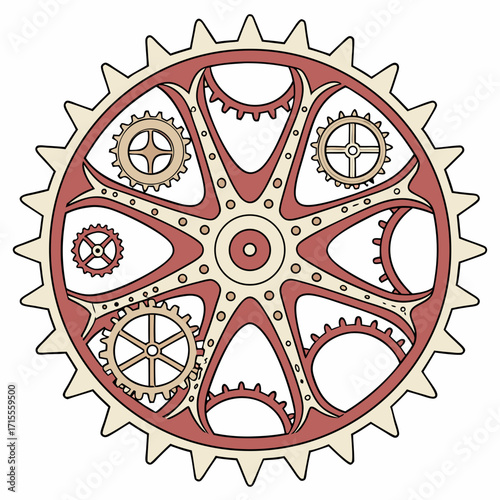 Intricate steampunk inspired gear mechanism with multiple interlocking cogs and sprockets in a circular arrangement with a vintage color palette