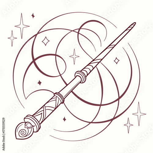 Magical wand emitting swirling mystical energy and sparkling stars representing enchantment and fantasy in a simple line art style