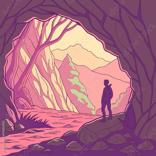 Lone hiker stands on rocks at cave entrance looking out at a surreal pink and purple mountain landscape with stylized trees and a flowing river